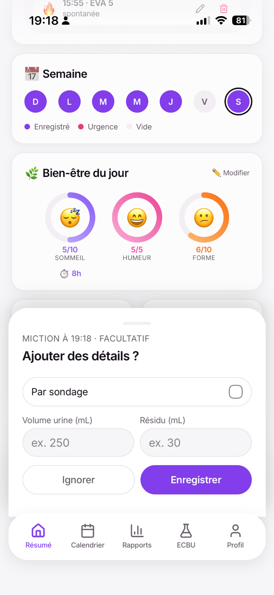 Écran Vesidol : saisie rapide d'une miction avec volume et résidu