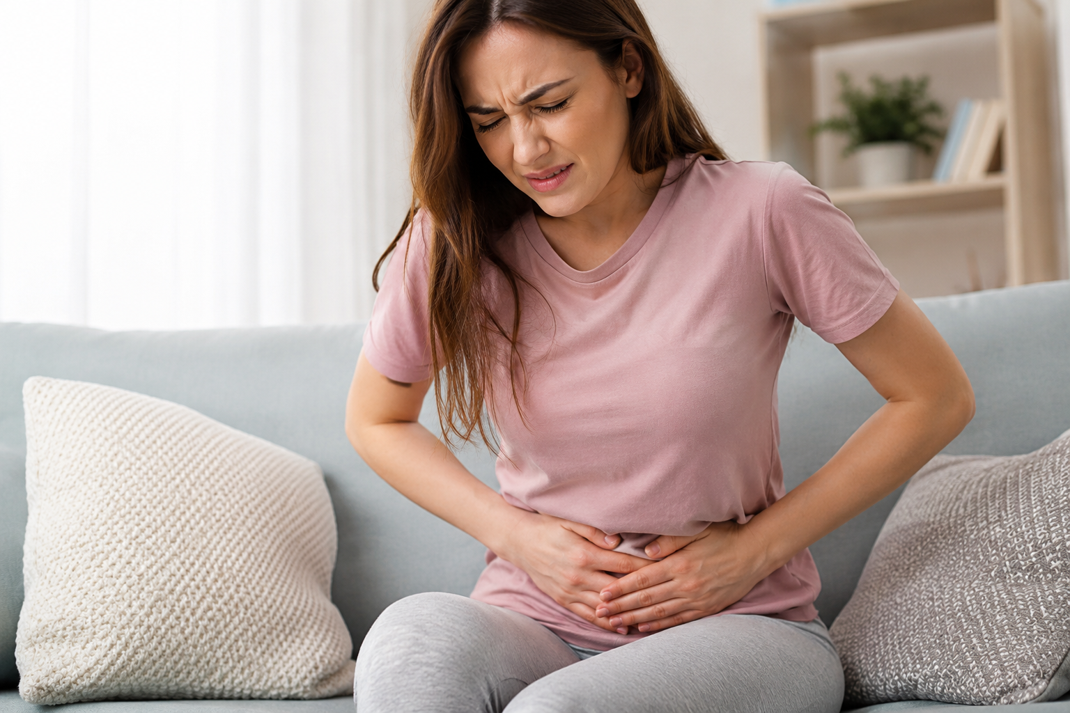 Femme souffrant de douleurs vésicales et pelviennes, assise sur un canapé